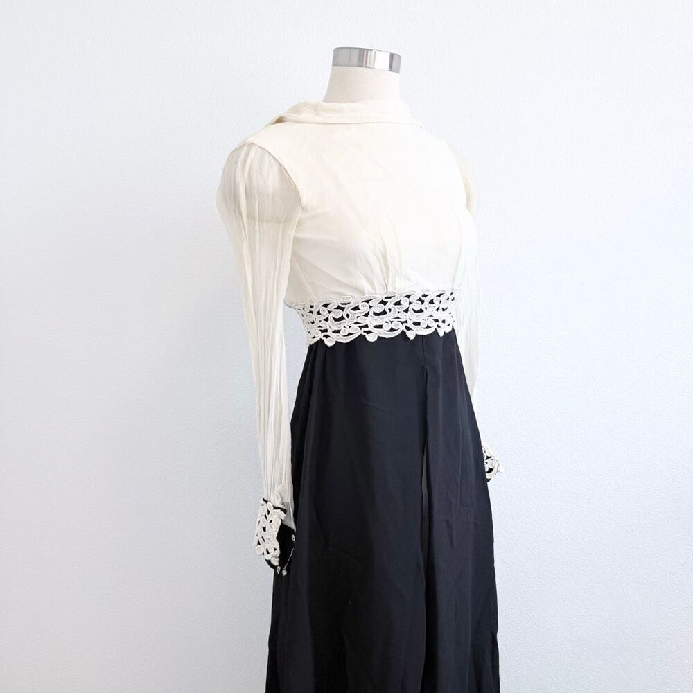 Vintage 1960s Sheer Black White Ivory Lace Dagger Prom Formal Dress XS